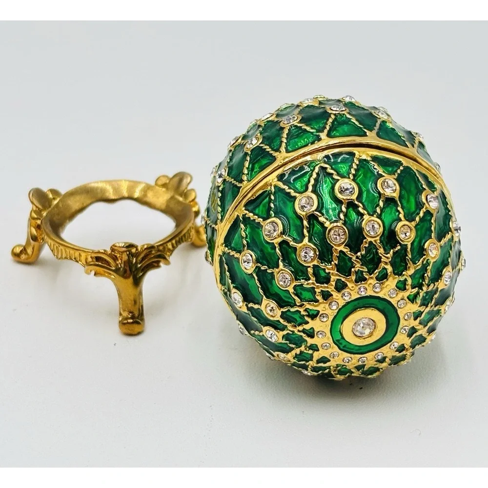 Jeweled Egg Trinket Box Green Enamel Rhinestone Gold Tone Hinged Decorative